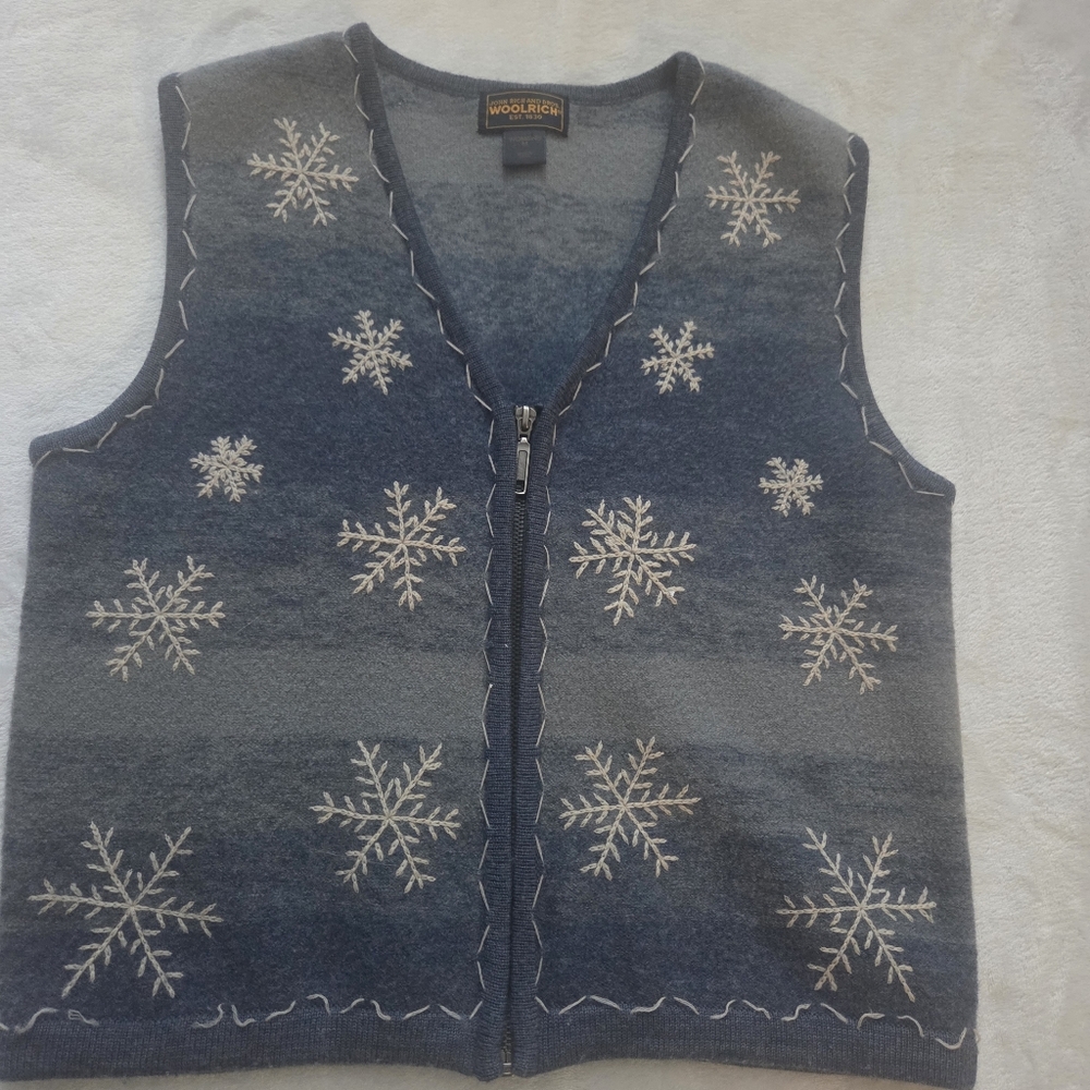 Woolrich Womens Med Vest Blue Wool Embroidered Snowflake Vest Zip Wool Winter‎